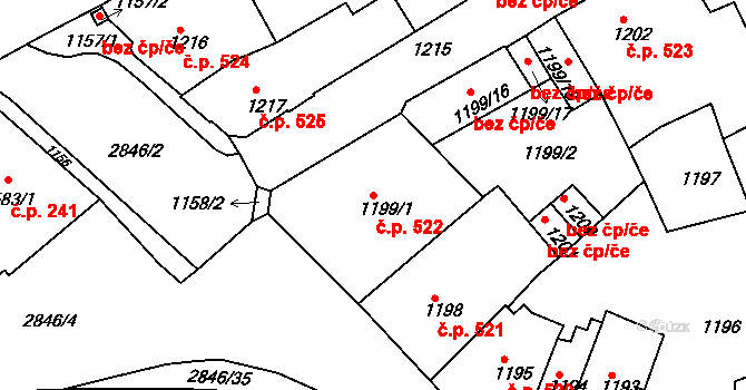 Pod Cvilínem 522, Krnov na parcele st. 1199/1 v KÚ Opavské Předměstí, Katastrální mapa