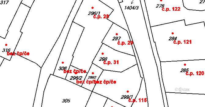 Divišov 31 na parcele st. 298 v KÚ Divišov u Benešova, Katastrální mapa