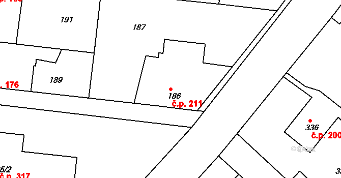 Jirny 211 na parcele st. 186 v KÚ Jirny, Katastrální mapa