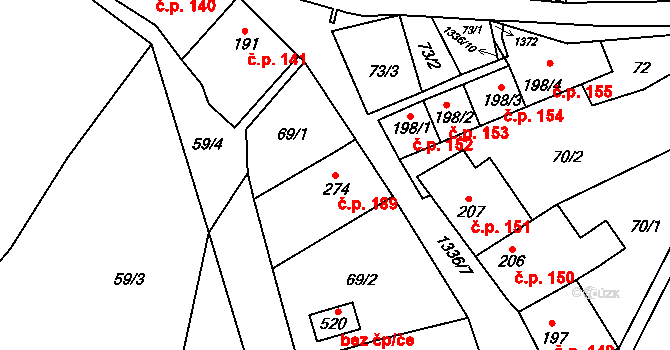 Lomnice 189 na parcele st. 274 v KÚ Lomnice u Tišnova, Katastrální mapa