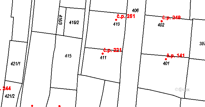 Kněževes 221 na parcele st. 411 v KÚ Kněževes u Rakovníka, Katastrální mapa
