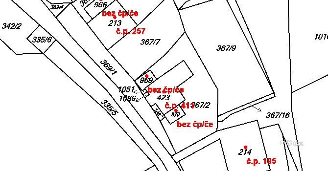 Kovářská 411 na parcele st. 423 v KÚ Kovářská, Katastrální mapa