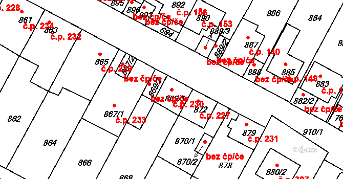 Bystřany 230 na parcele st. 869/1 v KÚ Bystřany, Katastrální mapa