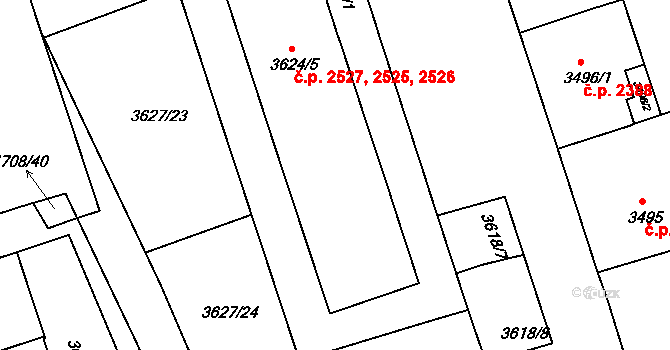 Královo Pole 2525,2526,2527, Brno na parcele st. 3624/5 v KÚ Královo Pole, Katastrální mapa