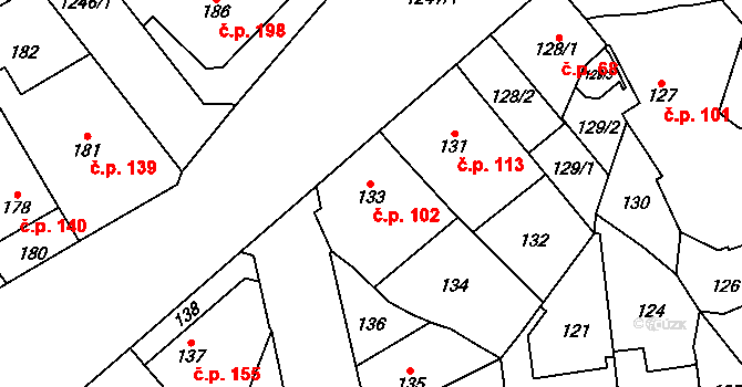Nebušice 102, Praha na parcele st. 133 v KÚ Nebušice, Katastrální mapa