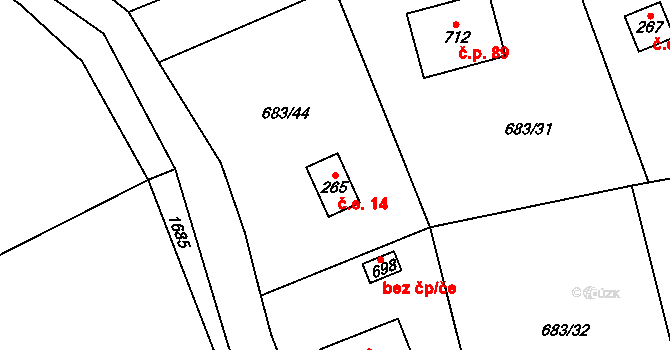 Halouny 14, Svinaře na parcele st. 265 v KÚ Svinaře, Katastrální mapa