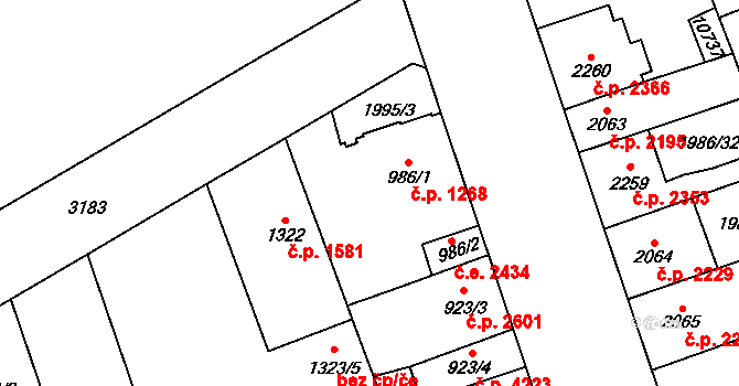 Hodonín 1268 na parcele st. 986/1 v KÚ Hodonín, Katastrální mapa