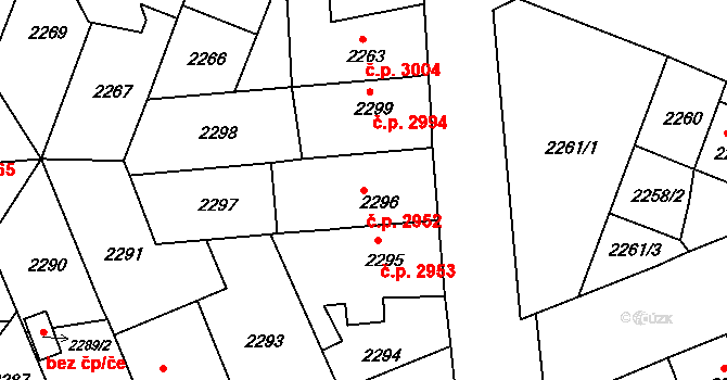 Chomutov 2952 na parcele st. 2296 v KÚ Chomutov II, Katastrální mapa