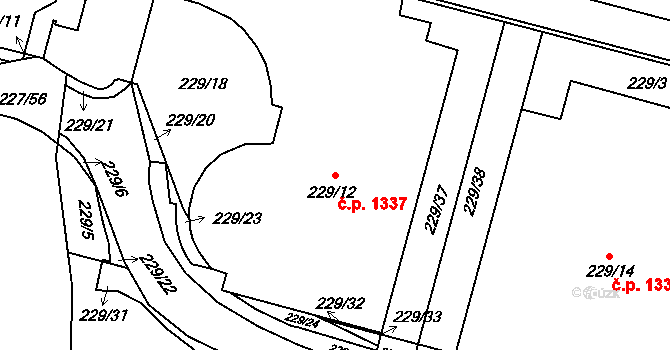 Doubravka 1337, Plzeň na parcele st. 229/12 v KÚ Lobzy, Katastrální mapa