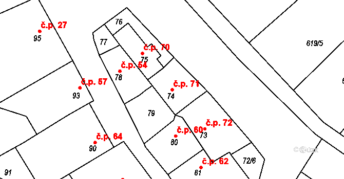 Malhostovice 71 na parcele st. 74 v KÚ Malhostovice, Katastrální mapa