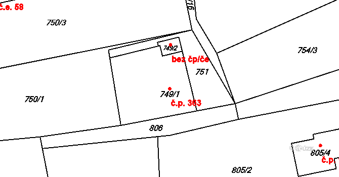 Bludovice 363, Havířov na parcele st. 749/1 v KÚ Bludovice, Katastrální mapa