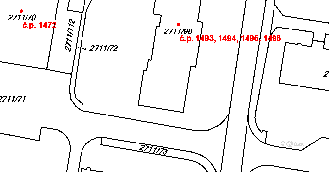Předměstí 1493,1494,1495,1496, Moravská Třebová na parcele st. 2711/98 v KÚ Moravská Třebová, Katastrální mapa