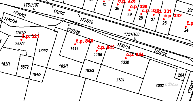 Jevíčko 845 na parcele st. 1196 v KÚ Jevíčko-předměstí, Katastrální mapa