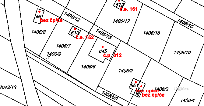 Strmilov 312 na parcele st. 645 v KÚ Strmilov, Katastrální mapa