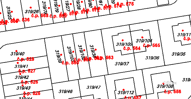 Moravany 563 na parcele st. 319/38 v KÚ Moravany u Brna, Katastrální mapa