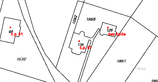 Jizbice 87, Náchod na parcele st. 136 v KÚ Jizbice u Náchoda, Katastrální mapa