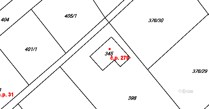 Tuhaň 279 na parcele st. 345 v KÚ Tuhaň, Katastrální mapa