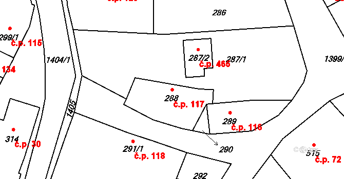 Divišov 117 na parcele st. 288 v KÚ Divišov u Benešova, Katastrální mapa