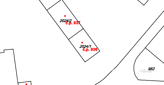 Bystřice nad Pernštejnem 936 na parcele st. 2024/1 v KÚ Bystřice nad Pernštejnem, Katastrální mapa