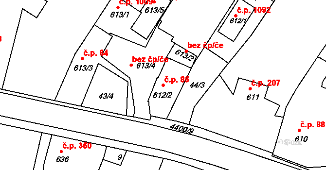 Valašské Klobouky 85 na parcele st. 612/2 v KÚ Valašské Klobouky, Katastrální mapa