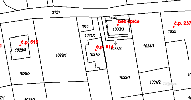Píšť 514 na parcele st. 1031/2 v KÚ Píšť, Katastrální mapa