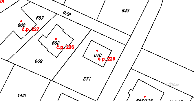 Suché Lazce 225, Opava na parcele st. 670 v KÚ Suché Lazce, Katastrální mapa