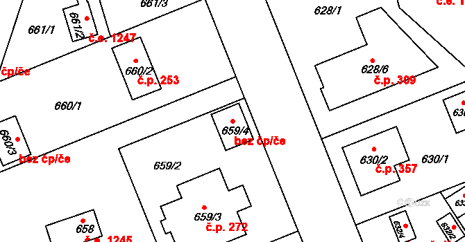 Plzeň 49414232 na parcele st. 659/4 v KÚ Radobyčice, Katastrální mapa