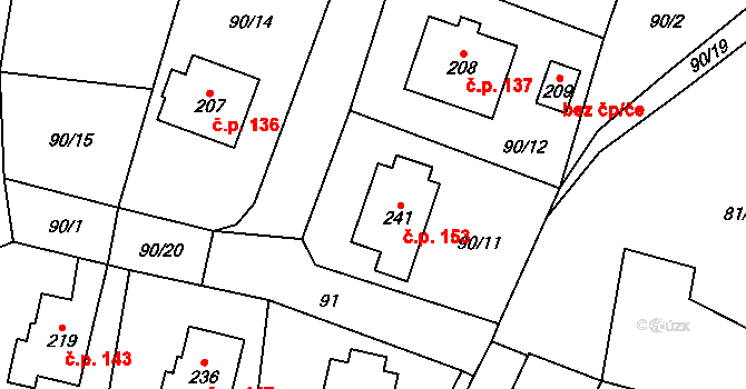 Svéradice 153 na parcele st. 241 v KÚ Svéradice, Katastrální mapa