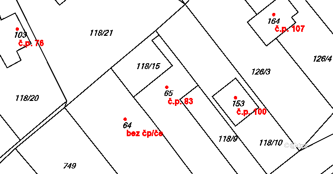 Týček 83 na parcele st. 65 v KÚ Týček, Katastrální mapa