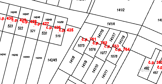 Hýskov 761 na parcele st. 1075 v KÚ Hýskov, Katastrální mapa