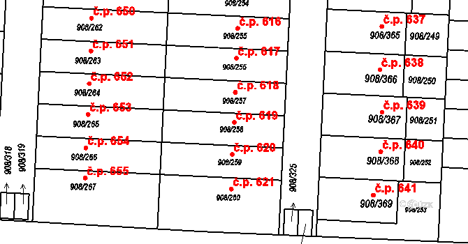 Zbůch 619 na parcele st. 908/258 v KÚ Zbůch, Katastrální mapa