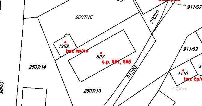 Hranice I-Město 555,557, Hranice na parcele st. 687 v KÚ Hranice, Katastrální mapa