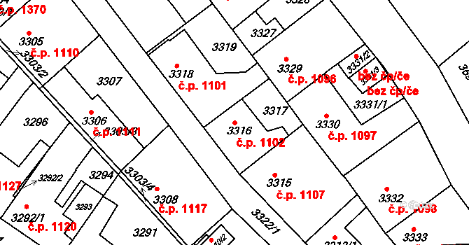 Roztoky 1102 na parcele st. 3316 v KÚ Žalov, Katastrální mapa