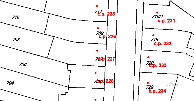Moutnice 227 na parcele st. 707 v KÚ Moutnice, Katastrální mapa