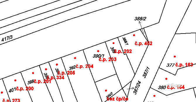 Žabčice 203 na parcele st. 390/1 v KÚ Žabčice, Katastrální mapa