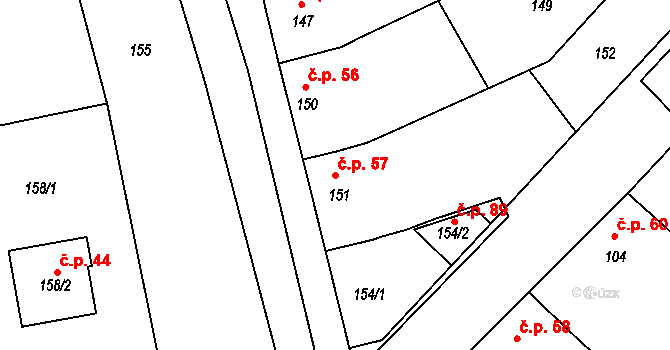 Pacetluky 57 na parcele st. 151 v KÚ Pacetluky, Katastrální mapa