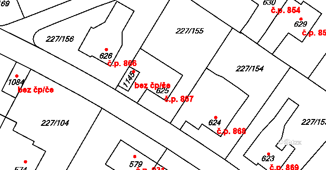 Švermov 867, Kladno na parcele st. 625 v KÚ Hnidousy, Katastrální mapa