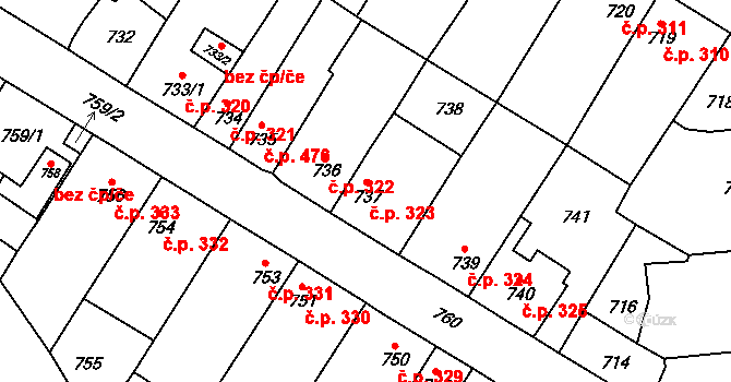 Kosmonosy 323 na parcele st. 737 v KÚ Kosmonosy, Katastrální mapa