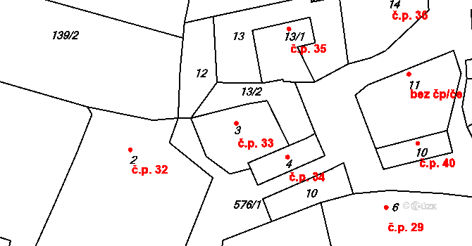 Bubovice 33, Volenice na parcele st. 3 v KÚ Bubovice u Březnice, Katastrální mapa