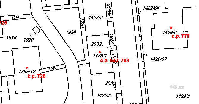 Štýřice 543,743, Brno na parcele st. 1428/2 v KÚ Štýřice, Katastrální mapa