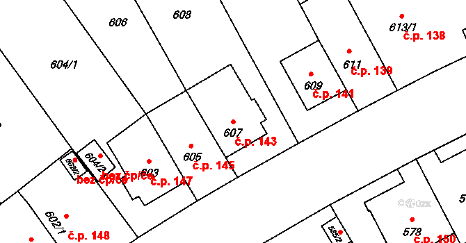 Veveří 143, Brno na parcele st. 607 v KÚ Veveří, Katastrální mapa