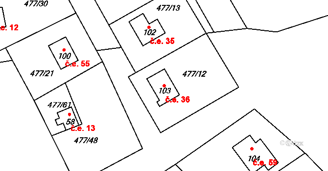 Hryzely 36, Barchovice na parcele st. 103 v KÚ Hryzely, Katastrální mapa