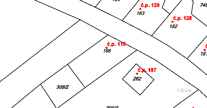 Milostín 116 na parcele st. 166 v KÚ Milostín, Katastrální mapa