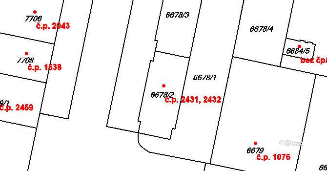 Jižní Předměstí 2431,2432, Plzeň na parcele st. 6678/3 v KÚ Plzeň, Katastrální mapa