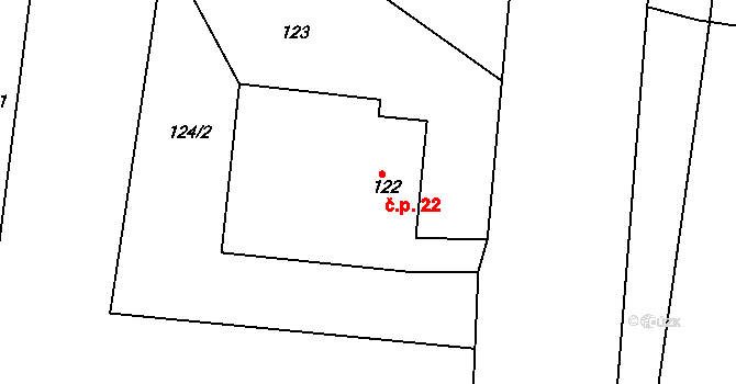 Ledce 22 na parcele st. 122 v KÚ Ledce u Židlochovic, Katastrální mapa