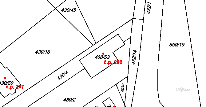 Těchov 290, Blansko na parcele st. 430/53 v KÚ Těchov, Katastrální mapa