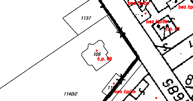 Kozohlody 69, Vlkaneč na parcele st. 105 v KÚ Kozohlody, Katastrální mapa