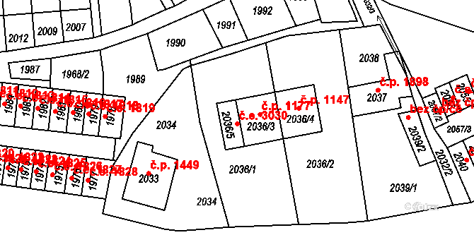Most 3030 na parcele st. 2036/5 v KÚ Most II, Katastrální mapa
