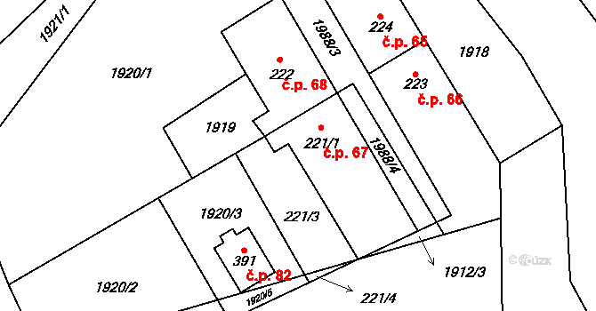 Kunov 67, Bruntál na parcele st. 221/1 v KÚ Nové Heřminovy, Katastrální mapa