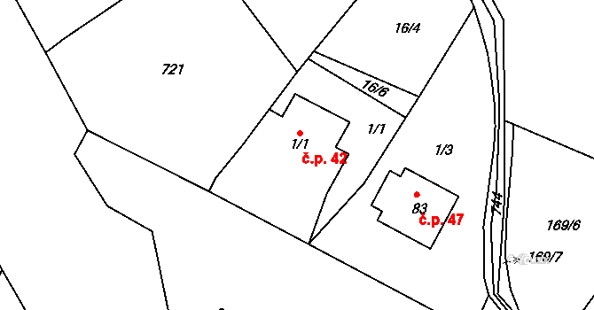 Karlov 42 na parcele st. 1/1 v KÚ Karlov, Katastrální mapa